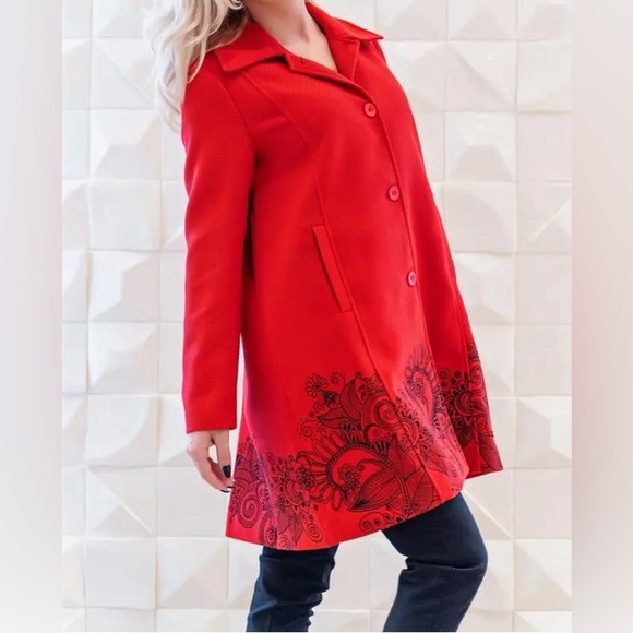 NWOT DESIGUAL Women’s Red Embroidered Overcoat Jacket EU 48 (XXL) - Picture 4 of 15